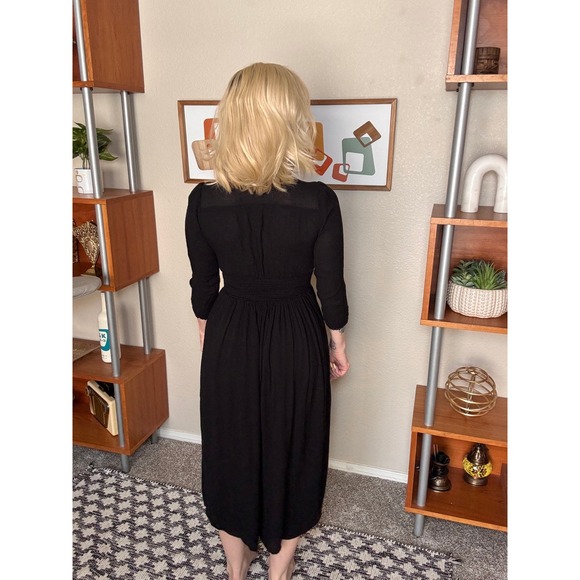 Free People Black Velvet Embroidered Lace Up Boho Midi Dress Floral Folk Slit - Picture 5 of 7